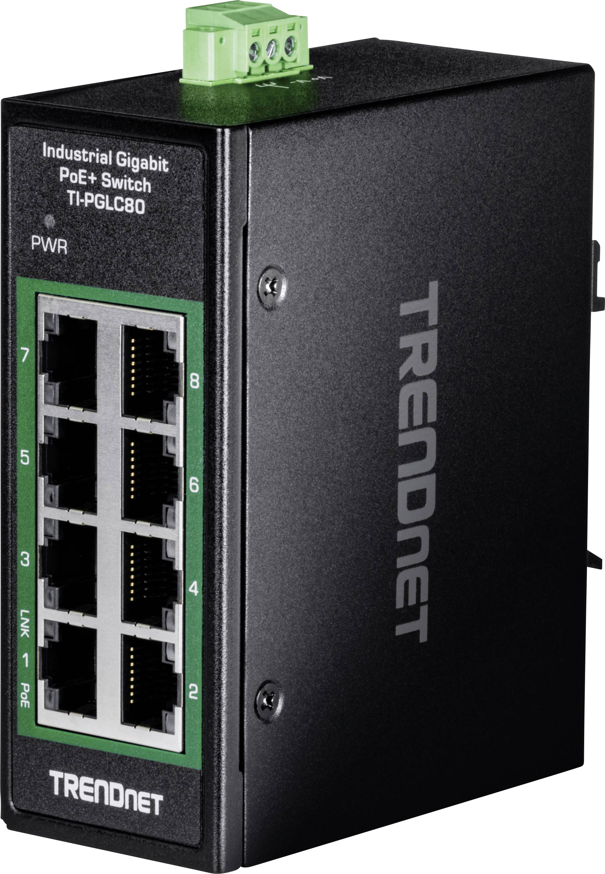Industrieller Gigabit PoE+ Switch von TRENDnet mit sechs Ethernet-Ports, geeignet für anspruchsvolle Netzwerkumgebungen.