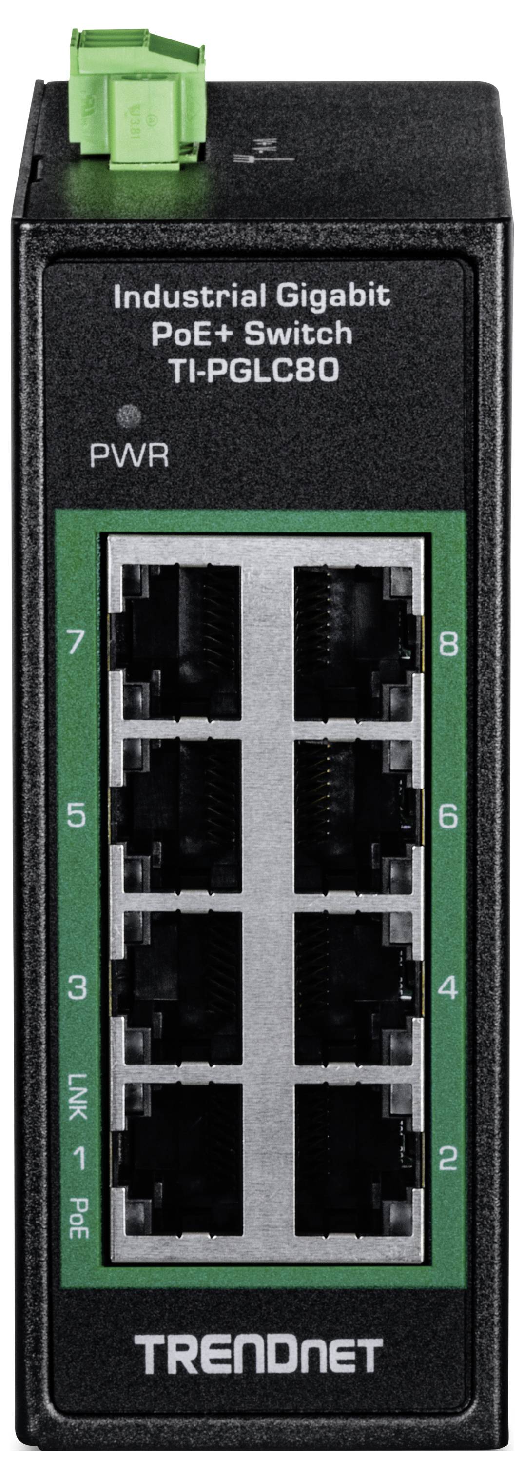 Industrieller Gigabit-PoE+-Switch mit 8 Ethernet-Ports und grüner Anschlussklemme. Modellnummer: TI-PGLC80 von TRENDnet.