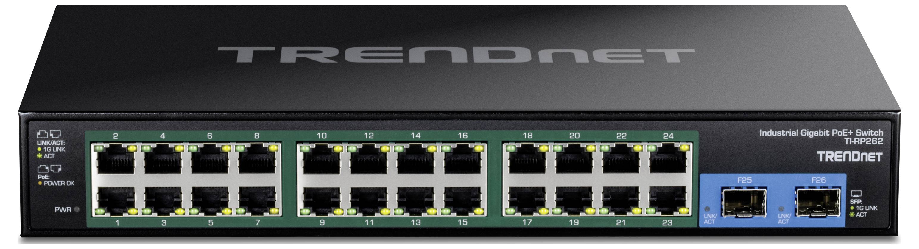 'Industrieller Gigabit PoE+ Switch' mit 24 Ethernet-Ports und 2 SFP-Ports, Markenname oben, für Netzwerkinfrastruktur.