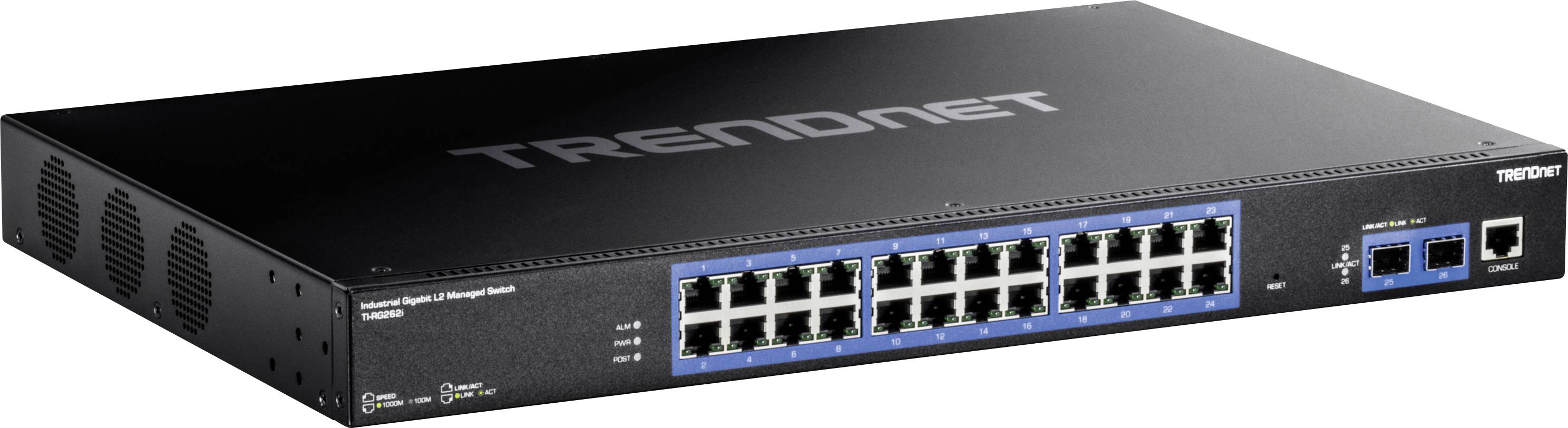 Ein 24-Port-Gigabit-Ethernet-Switch von TRENDnet. Das Gerät ist schwarz mit blauer Frontseite, geeignet für Netzwerkverbindungen.