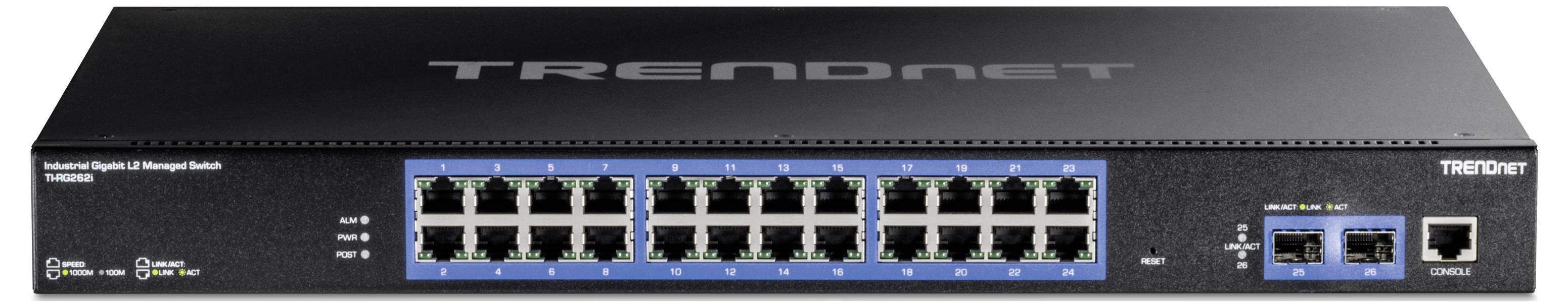 Ein schwarzer Netzwerk-Switch mit 24 Ethernet-Ports vorne. Darunter befinden sich Status-LEDs. Rechts zwei zusätzliche Ports und eine kleine Anzeige.