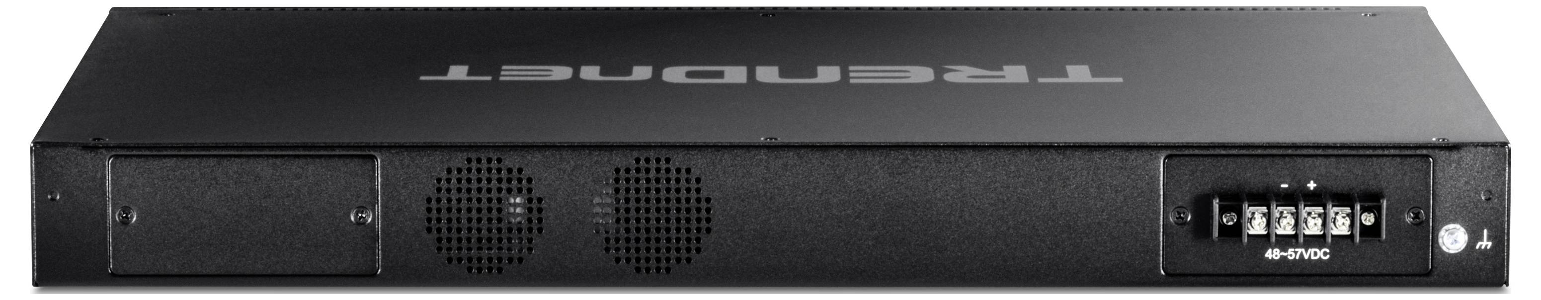 Schwarzer Rackmount-Netzwerkschalter mit Lüftungsschlitzen und mehreren Anschlussports auf der rechten Seite. Marke erkennbar.