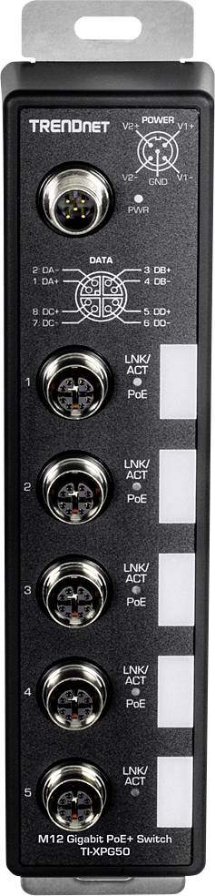 Netzwerkswitch von TRENDnet. Oben grüne Power-LED. Sechs Ethernet-Ports darunter. Beschriftung 'M12 Gigabit PoE+ Switch'.