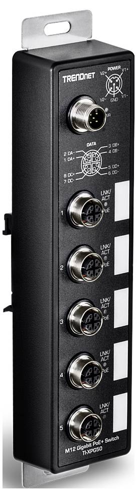 Ein schwarzer, industrieller Ethernet-Switch mit fünf M12-Anschlüssen für Netzwerkverbindungen, geeignet für raue Umgebungen.