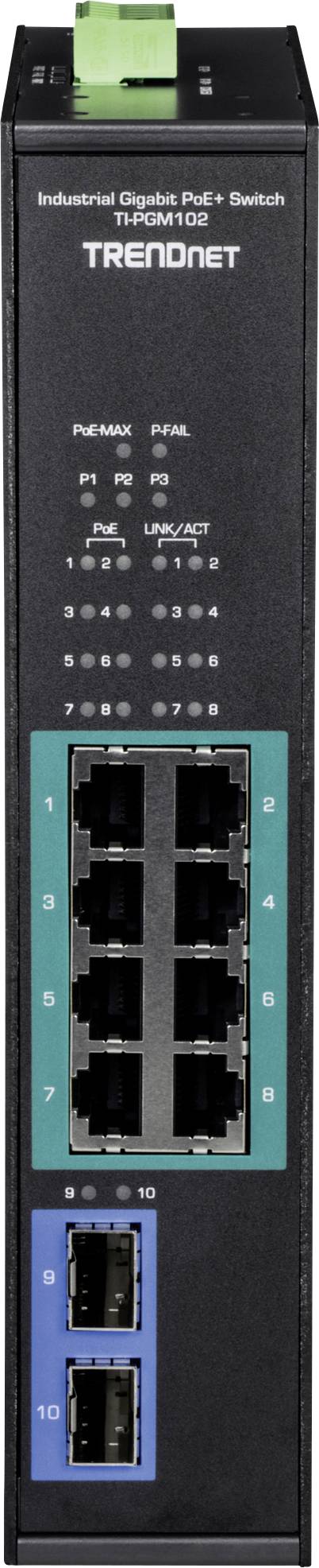 Ein industrieller Gigabit PoE+ Switch der Marke TRENDnet mit acht Ethernet-Ports und zwei Glasfaser-Ports, Modell TI-PG102.