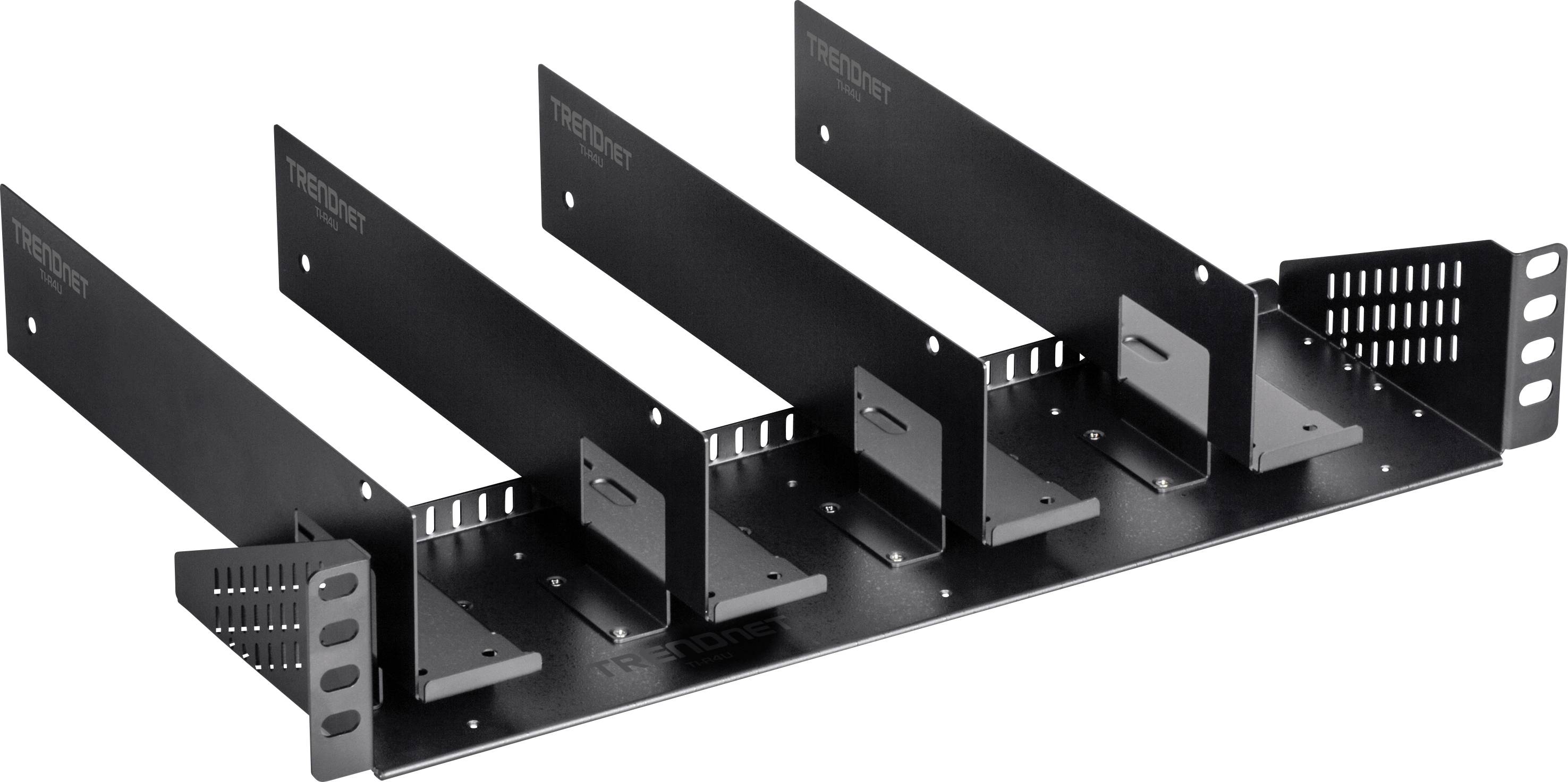 Metallgestell mit fünf Fächern zur Organisation von Netzwerkgeräten, geeignet für die Befestigung in einem Serverschrank oder Rack.