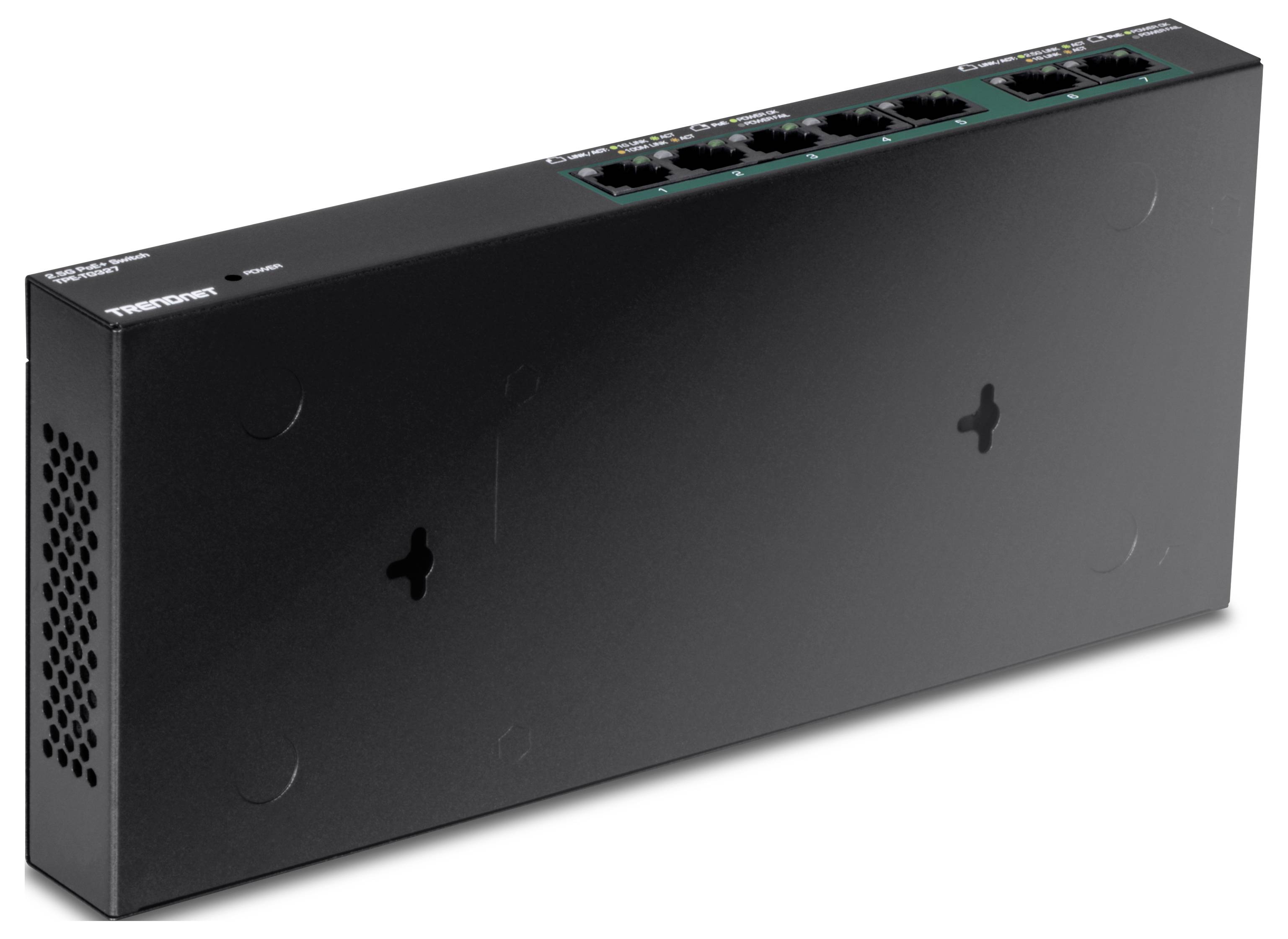 Ein schwarzer Netzwerk-Switch mit sechs Ethernet-Ports auf der Oberseite. Der Switch ist für die Wandmontage geeignet und hat Lüftungsschlitze.