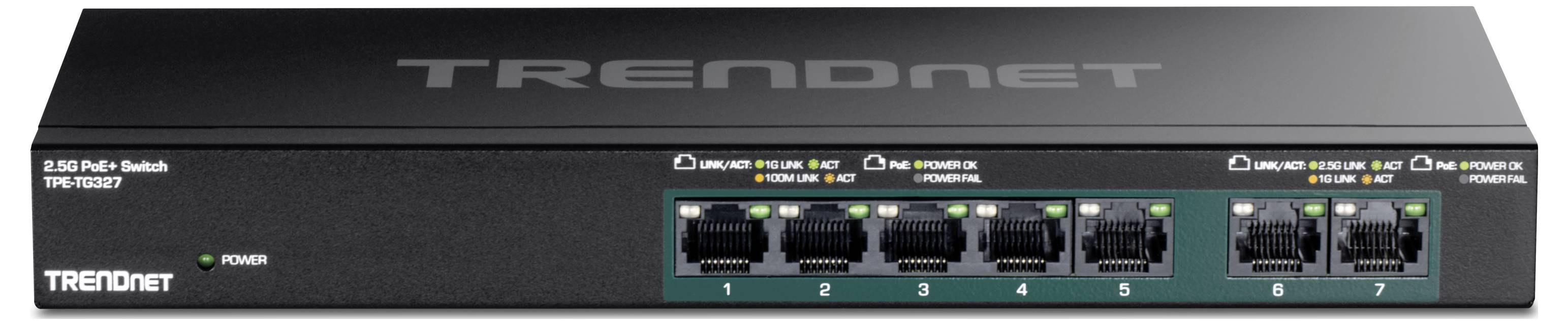 Ein schwarzer TRENDnet 8-Port-POE-Switch mit Modellnummer TPE-TG82G. Vorderseite zeigt acht Netzwerkports und eine Betriebsanzeige.
