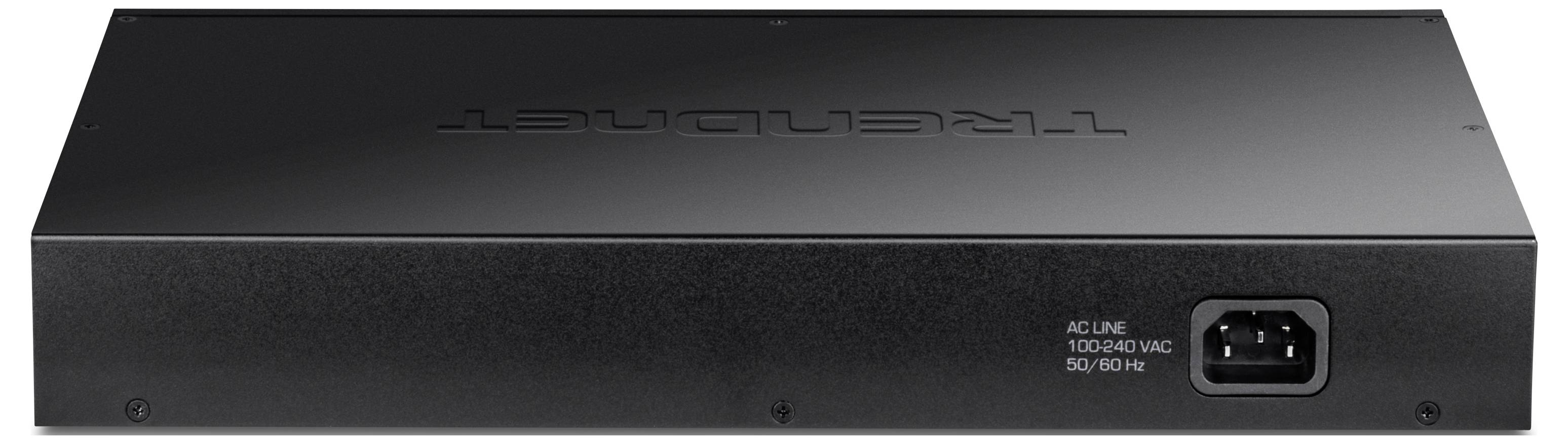 Ein schwarzer Netzwerk-Switch von hinten, mit einem Stromanschluss für 100-240V AC und der Aufschrift 'TRENDnet' auf der Oberseite.