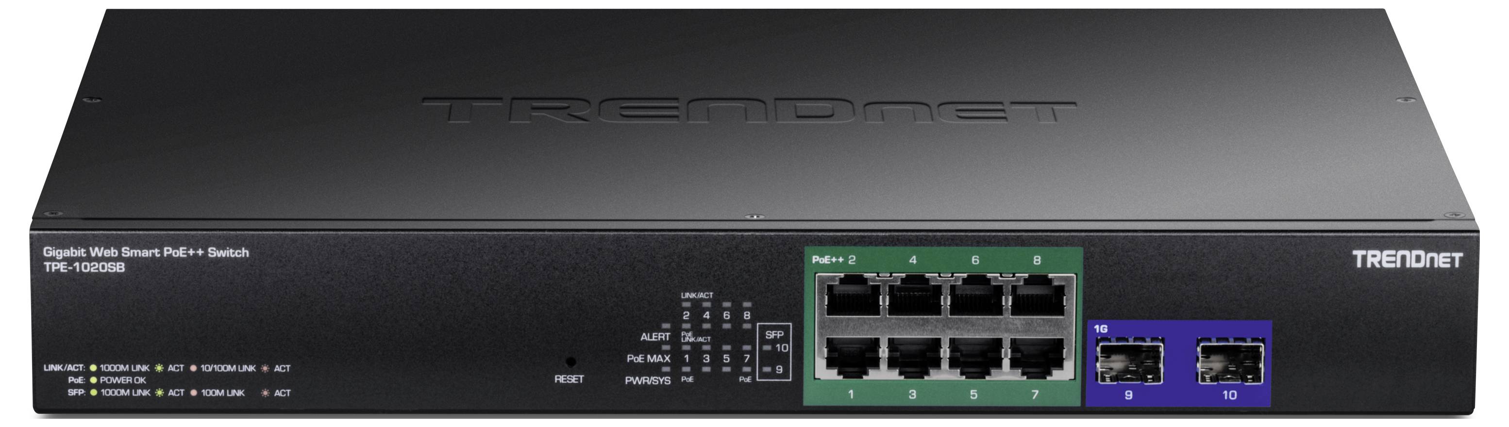 Ein schwarzer Netzwerk-Switch mit acht Ethernet-Ports und zwei Glasfaseranschlüssen. Markenname und Modellnummer darauf abgebildet.