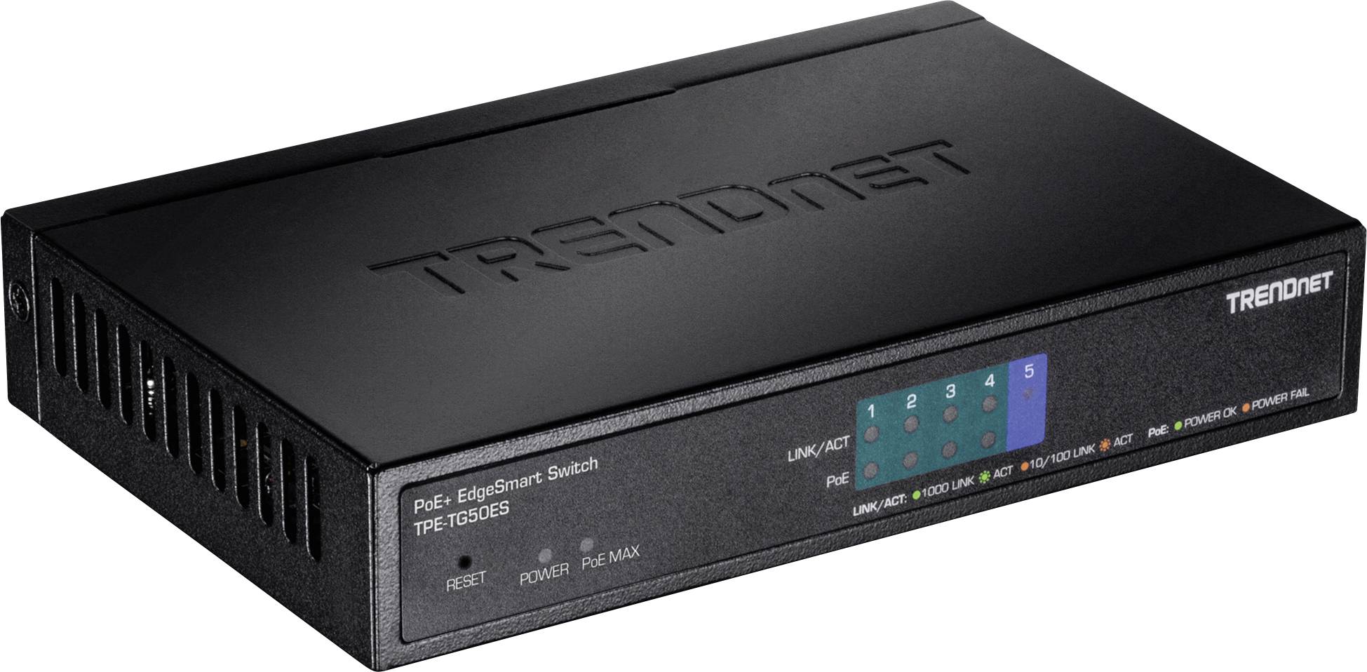Ein schwarzer TRENDnet PoE-EdgeSmart Switch Modell TPE-TG50ES, mit fünf Netzwerkanschlüssen, LED-Anzeigen und Markenlogo.