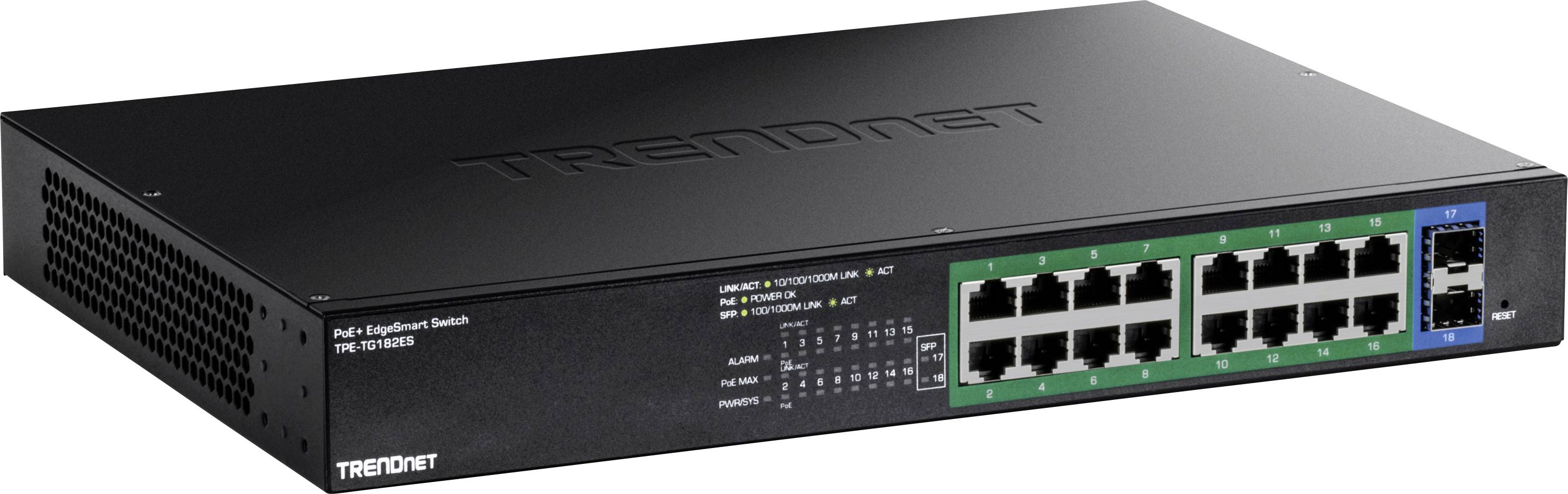 Ein schwarzer Ethernet-Switch mit 16 Ethernet-Ports, davon 14 grün markiert und 2 blau, markiert als PoE-konfigurierbarer Switch.