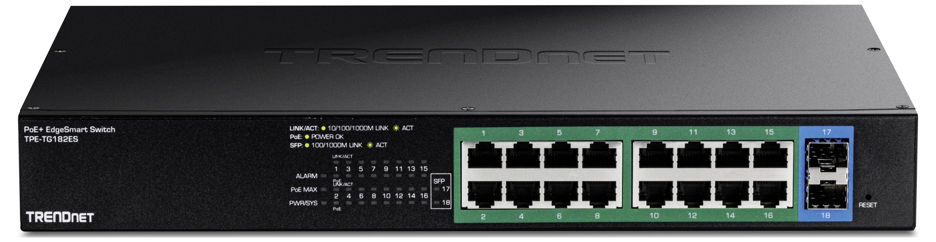 Ein Ethernet-Switch mit 16 Ports und vier zusätzlichen Glasfaseranschlüssen auf der rechten Seite. Markenname auf der Vorderseite.
