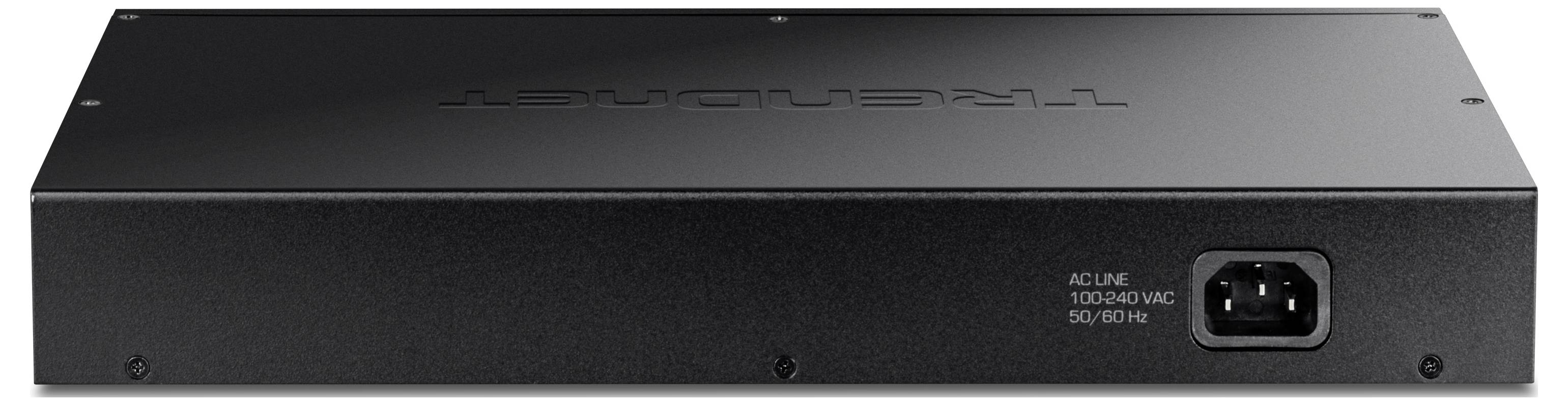 Rückansicht eines Netzwerk-Switches mit Stromanschluss und strombezogenem Schriftzug rechts.