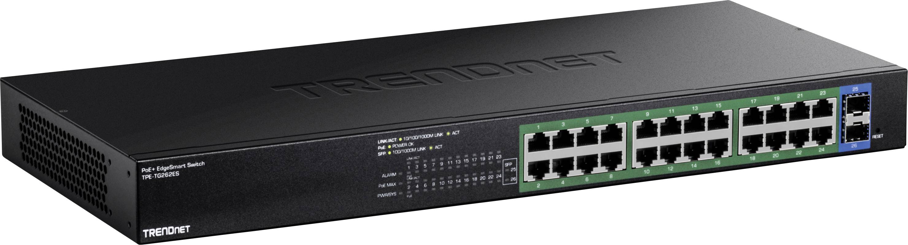 Ein schwarzer Netzwerk-Switch mit 24 Ethernet-Ports für kabelgebundene Verbindungen, geeignet für den Einsatz in größeren Netzwerken.