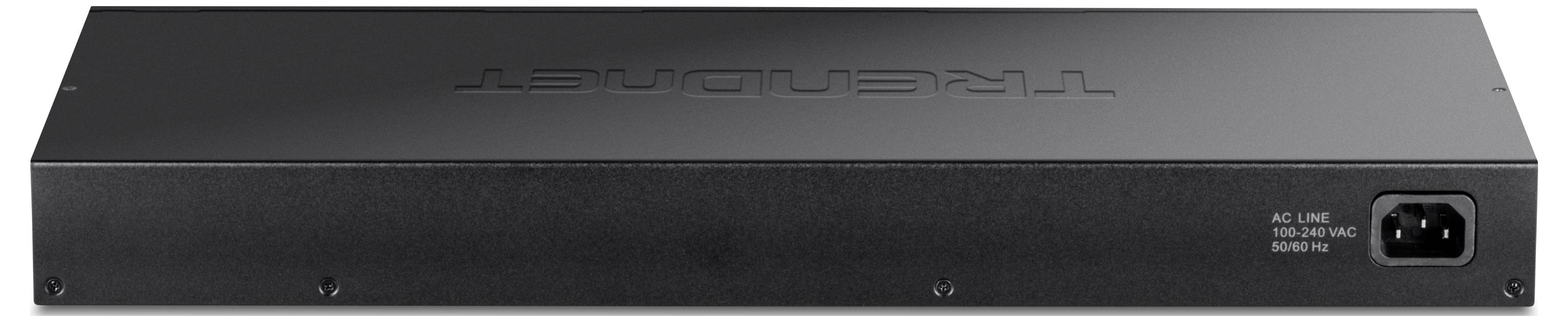 Ein Netzwerk-Switch-Gerät mit Metallgehäuse, Rückansicht. Rechts befindet sich ein Netzanschluss mit der Aufschrift 'AC LINE'.