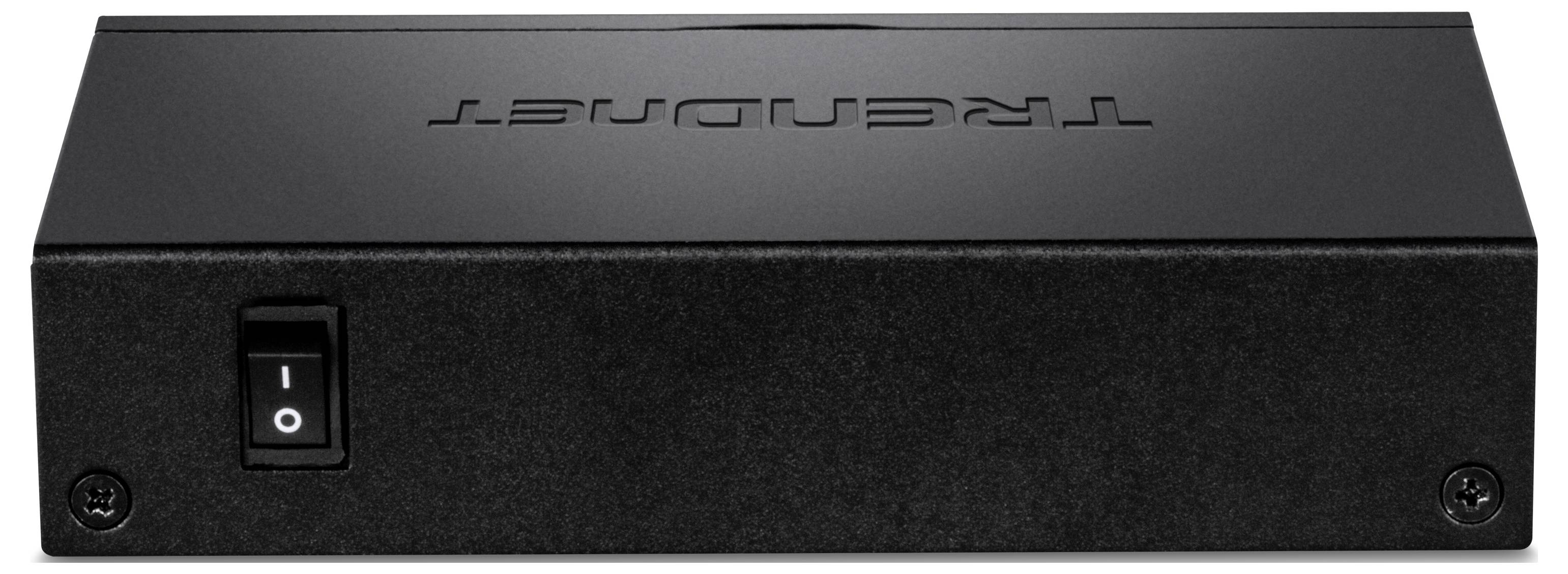 Ein schwarzes, rechteckiges elektronisches Gerät mit einem Ein-/Ausschalter auf der Vorderseite und dem Logo 'TRENDnet' oben.