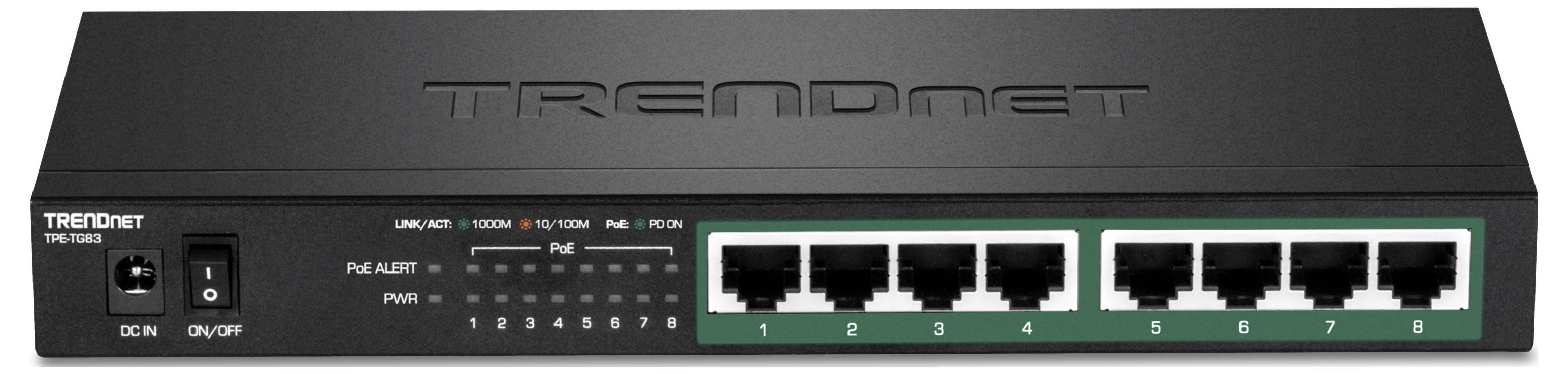 Schwarzer Netzwerk-Switch mit acht Ethernet-Ports, Power- und Alarmstatus-LEDs. Markierung: TRENDnet.