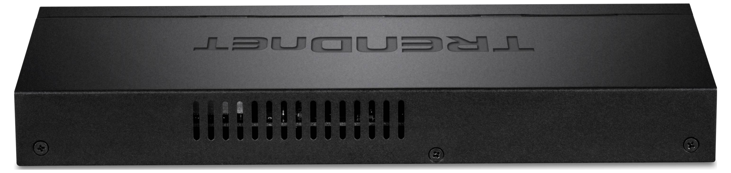 Schwarzes, rechteckiges Netzwerkgerät mit der Aufschrift 'TRENDnet' oben. Lüftungsschlitze an der Vorderseite.