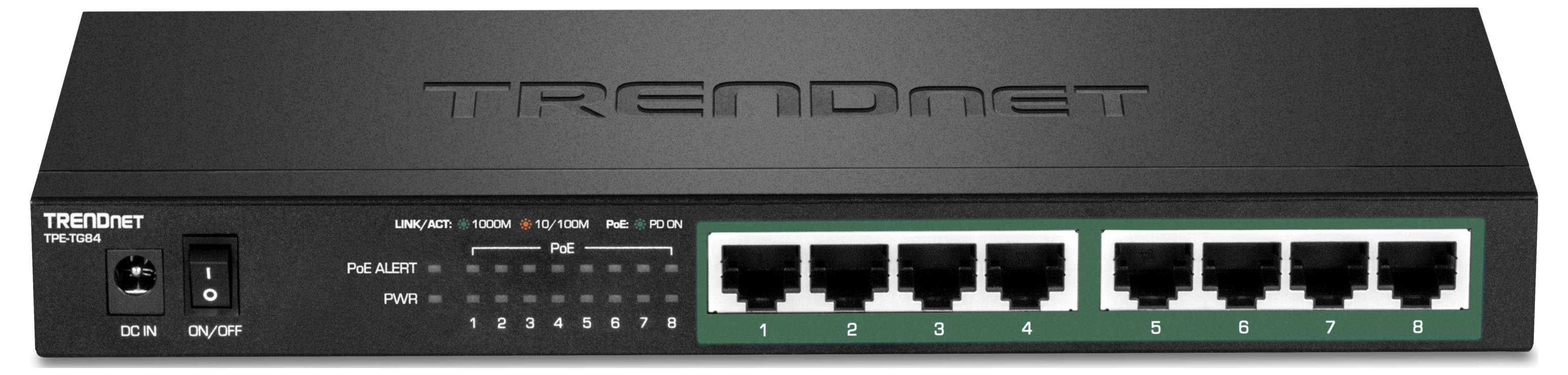 Ein schwarzer Netzwerk-Switch der Marke TRENDnet mit acht Ethernet-Ports auf der Vorderseite. Links befinden sich ein Ein-/Ausschalter und LED-Anzeigen.