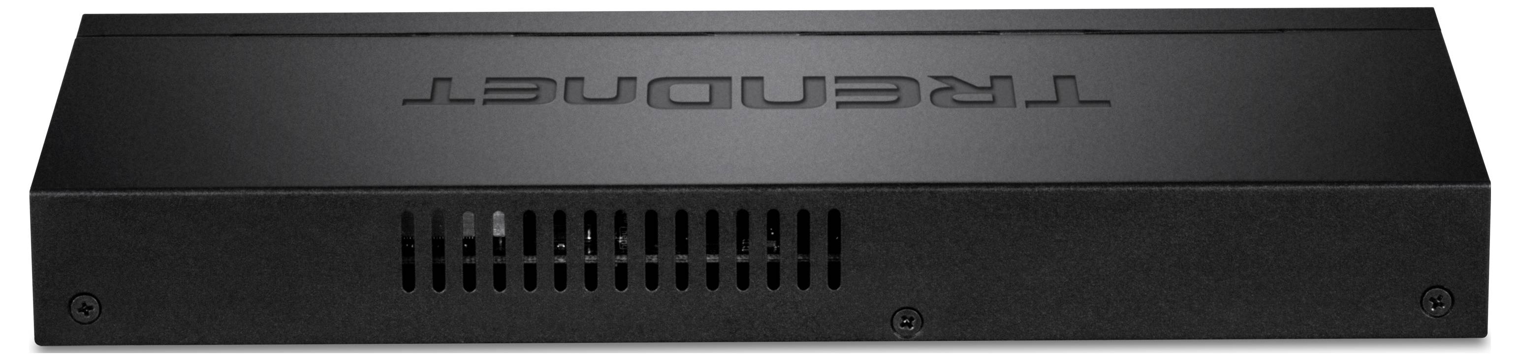 Schwarz metallisches Rackmount-Gerät mit Lüftungsschlitzen vorne, markiert mit 'TRENDnet'. Geeignet für Netzwerk-Hardware-Installation.