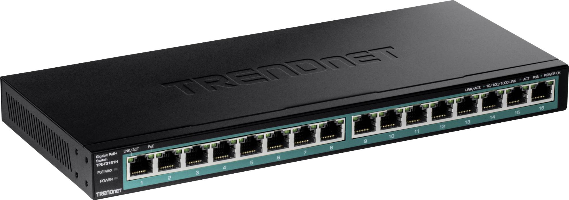 Ein schwarzer Netzwerkswitch mit 16 Ethernet-Ports, beschriftet mit 'TRENDnet'. Ports sind nummeriert und zeigen Netzwerkstatus-LEDs.