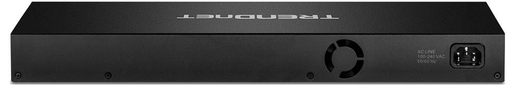 Ein schwarzes technisches Gerät mit Lüftungsschlitzen und Stromanschluss auf der rechten Seite, ohne sichtbare Bedienelemente.