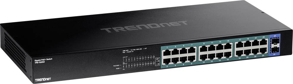 Ein Netzwerk-Switch von TRENDnet mit 24 Ethernet-Ports und LEDs zur Statusanzeige auf der Vorderseite, geeignet für Verbindungen in einem Firmennetzwerk.