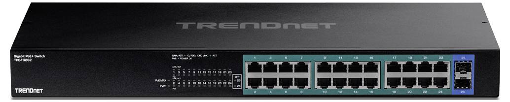 Ein Netzwerk-Switch von TRENDnet mit 24 Ethernet-Ports, geeignet für den Einsatz in großen Netzwerken zur Datenübertragung.
