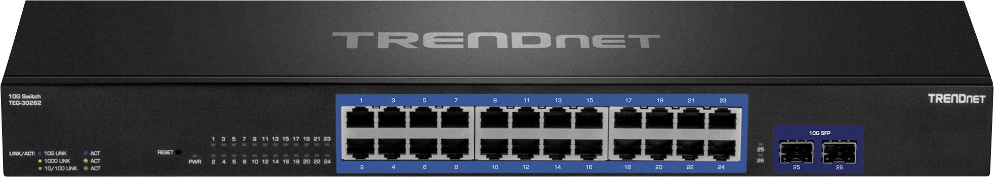 Ein schwarzer Netzwerk-Switch mit 24 Ethernet-Ports und 2 zusätzlichen Ports auf der rechten Seite, Marke TRENDnet.