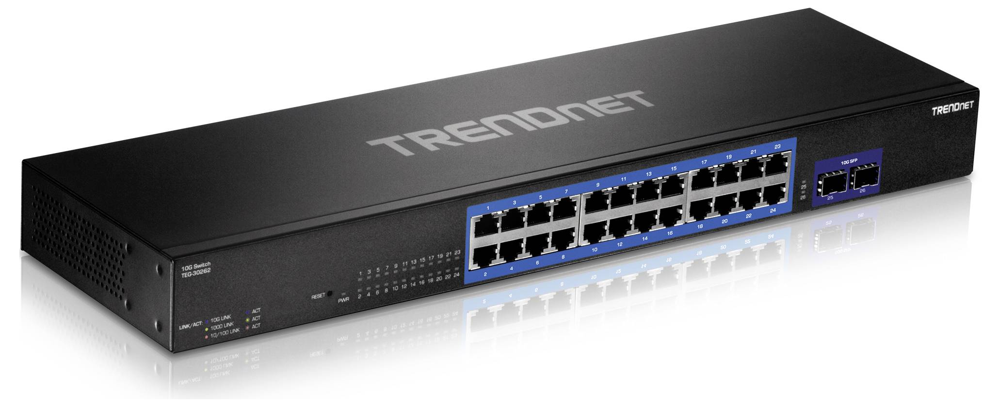 Ein schwarzer Netzwerk-Switch von TRENDnet mit 24 Ethernet-Ports und 2 zusätzlichen Anschlüssen für Glasfaserverbindungen.