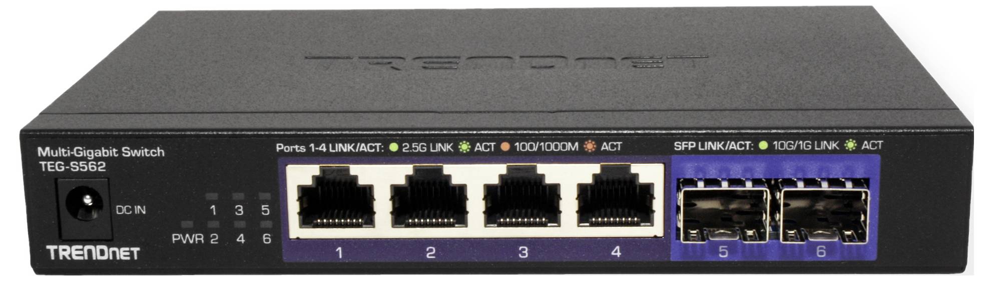 Ein schwarzer Multi-Gigabit-Switch mit fünf Ethernet-Ports auf der linken und zwei SFP-Ports auf der rechten Seite, Marke TRENDnet.