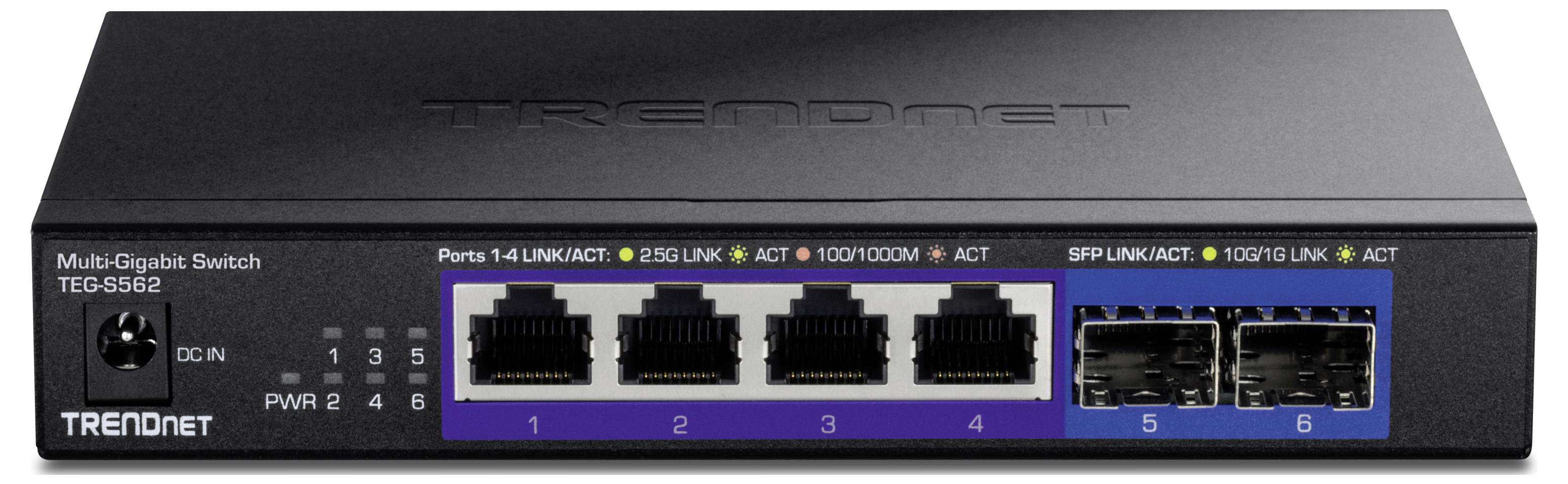 Frontansicht eines TRENDnet Multi-Gigabit Switch, Modell TEG-S582, mit 5 Ethernet-Ports und 2 SFP-Ports zur Netzwerkverbindung.