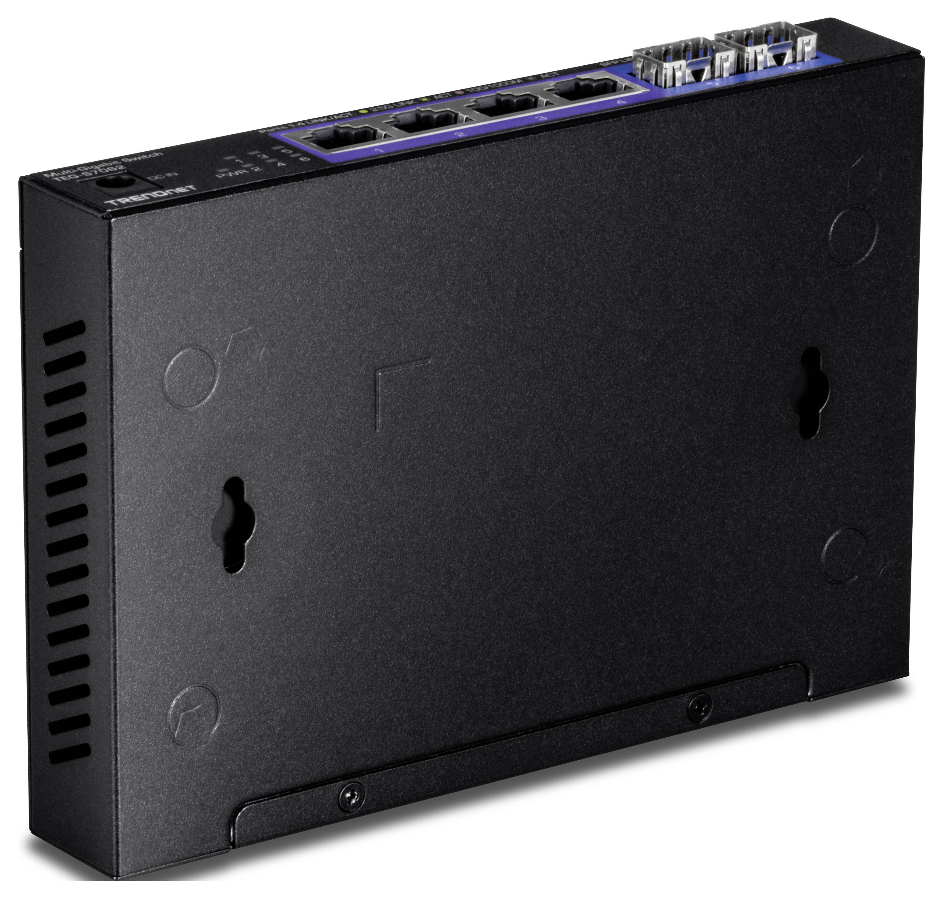 Ein schwarzer Netzwerk-Switch mit mehreren Ethernet-Ports oben ist abgebildet. Das Gerät ist zur Wandmontage geeignet.