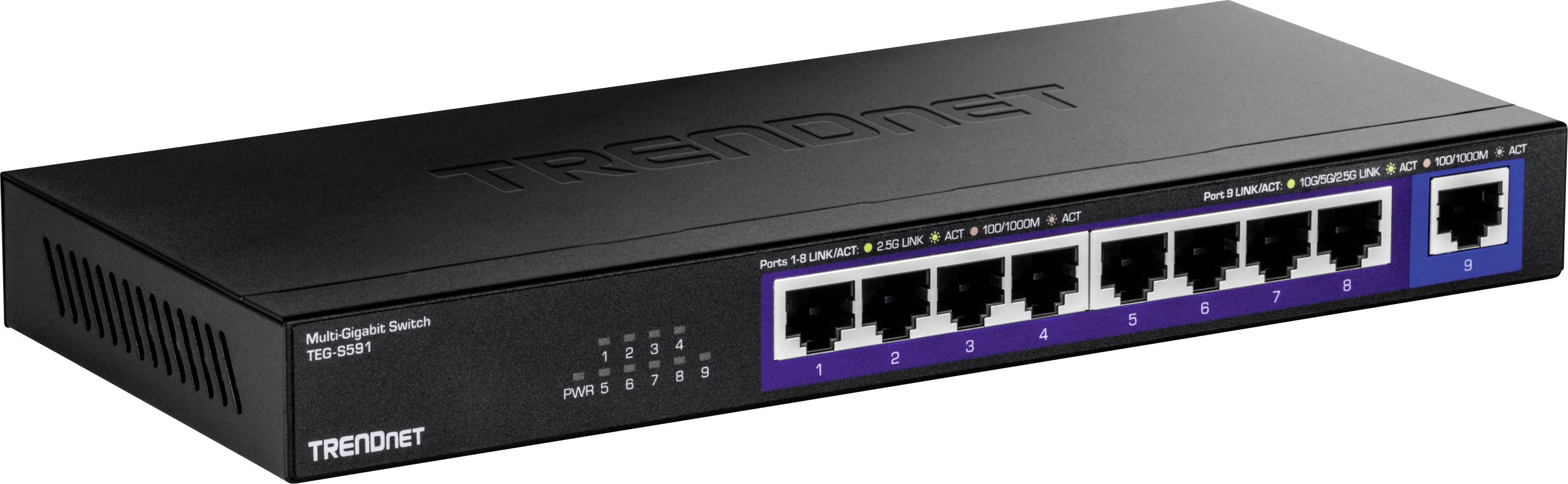 Ein schwarzer TRENDnet Netzwerkswitch mit acht Ethernet-Anschlüssen auf der Vorderseite, geeignet für kleine bis mittlere Netzwerke.