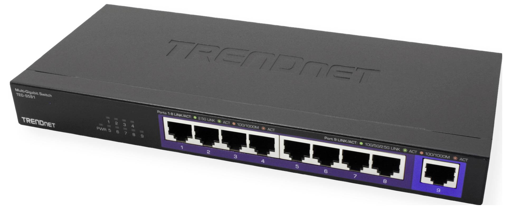 Ein schwarzer Netzwerk-Switch mit zehn Ethernet-Ports auf der Vorderseite. Die Marke 'TRENDnet' ist oben auf dem Gehäuse sichtbar.