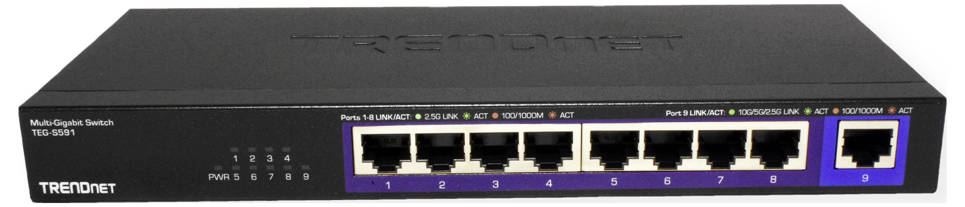Acht-Port-Ethernet-Switch mit LED-Anzeigen für Netzwerkaktivität. Schwarzes Gehäuse mit blauem und weißem Bedienfeld.