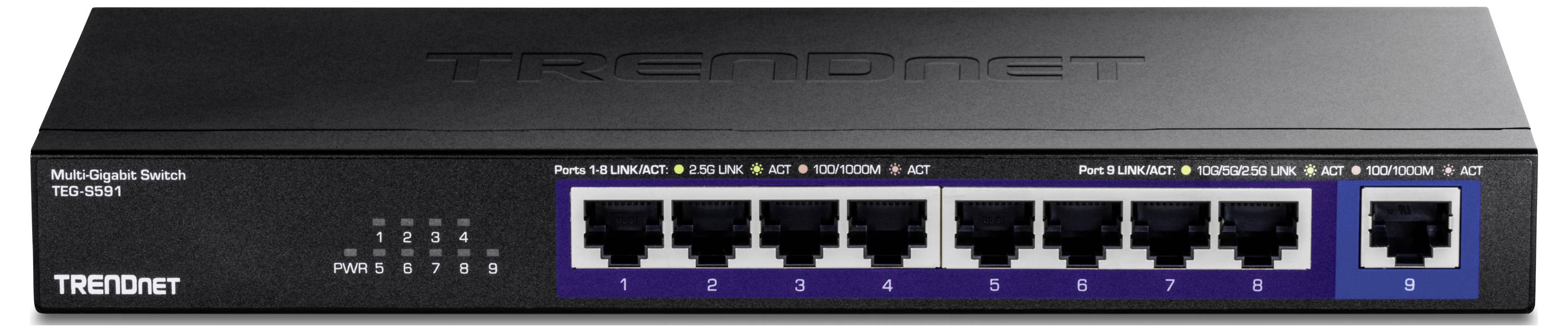 Ein schwarzer Netzwerk-Switch mit acht Ethernet-Ports, beschriftet von 0 bis 7. Links befinden sich Statusanzeigen für jeden Port.