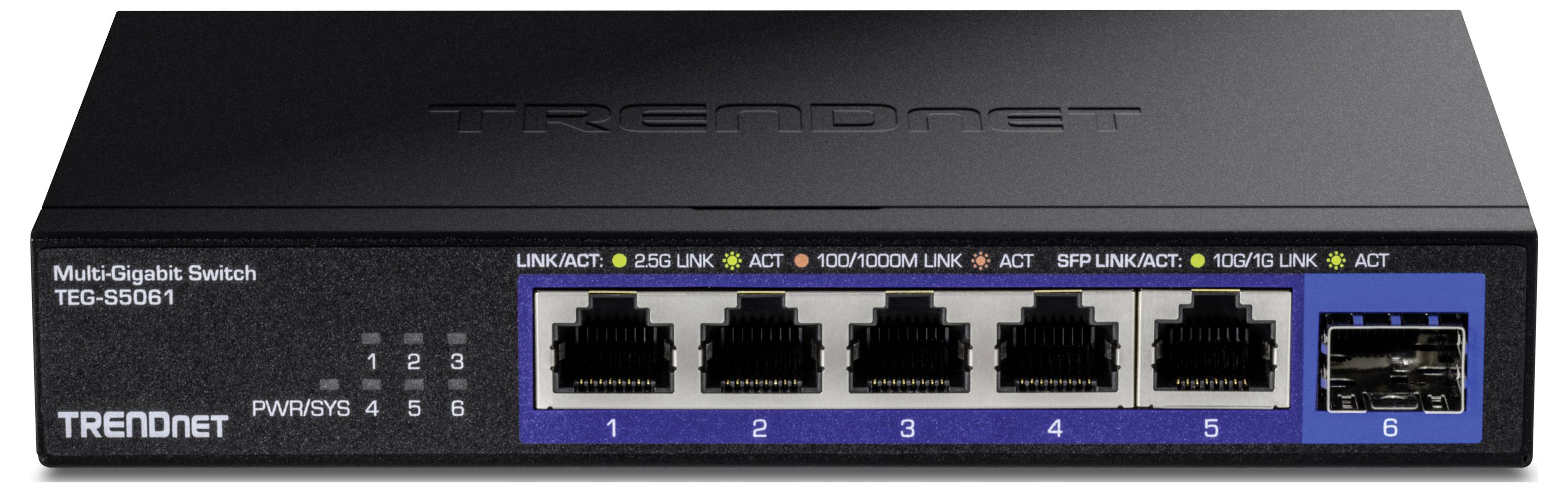 Trendnet Multi-Gigabit Switch, Modell TEG-S350, mit fünf Ethernet-Ports und einem SFP+-Slot auf der Vorderseite.