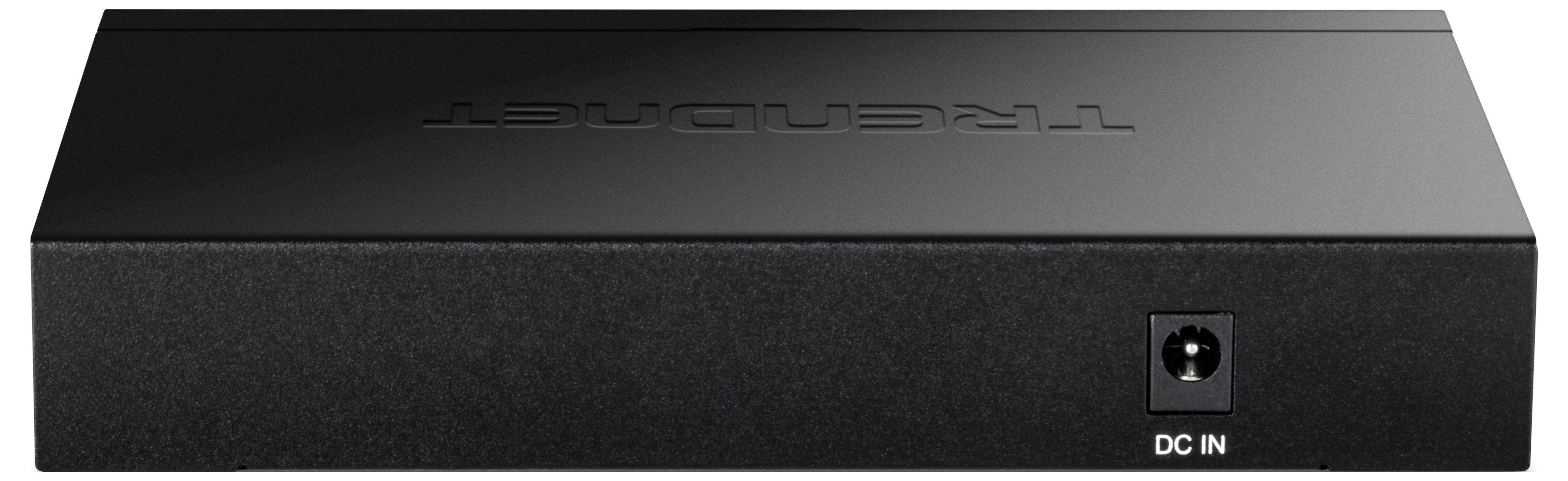 Schwarzes elektronisches Gerät in rechteckiger Form mit einem Anschluss für Gleichstrom ('DC IN') auf der Rückseite.