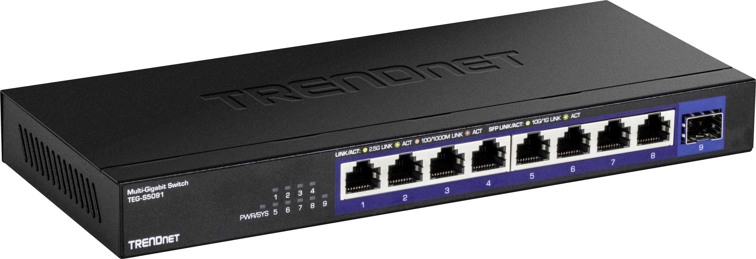 Ein schwarzer Netzwerkswitch von Trendnet mit acht Ethernet-Ports und einem SFP-Port, geeignet für Netzwerkverbindungen.