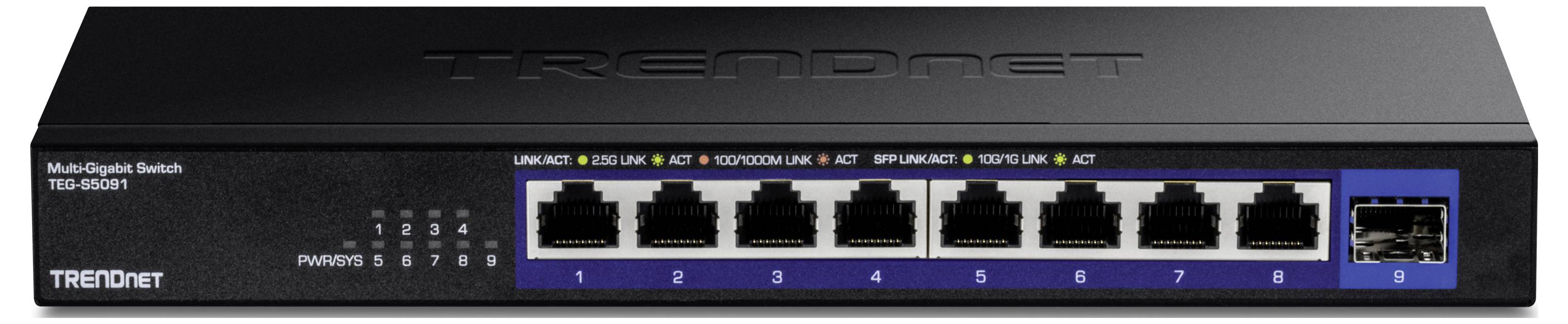 Netzwerk-Switch mit acht RJ45-Ports und einem SFP-Port, geeignet für mehrere Gigabit-Verbindungen, schwarze Gehäusefarbe.