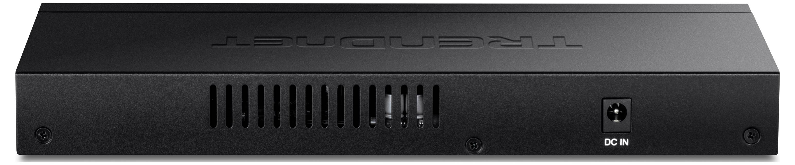 Schwarzes Netzwerkgerät mit Lüftungsschlitzen und Stromanschluss an der Rückseite.