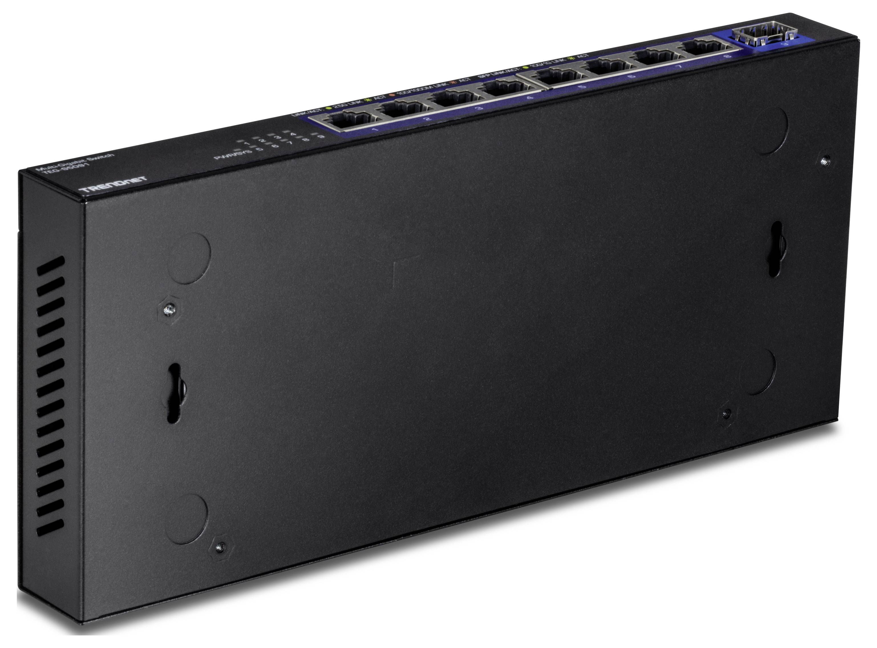 Ein schwarzer, rechteckiger Netzwerk-Switch mit acht Ethernet-Ports und LED-Anzeigen auf der Oberseite.