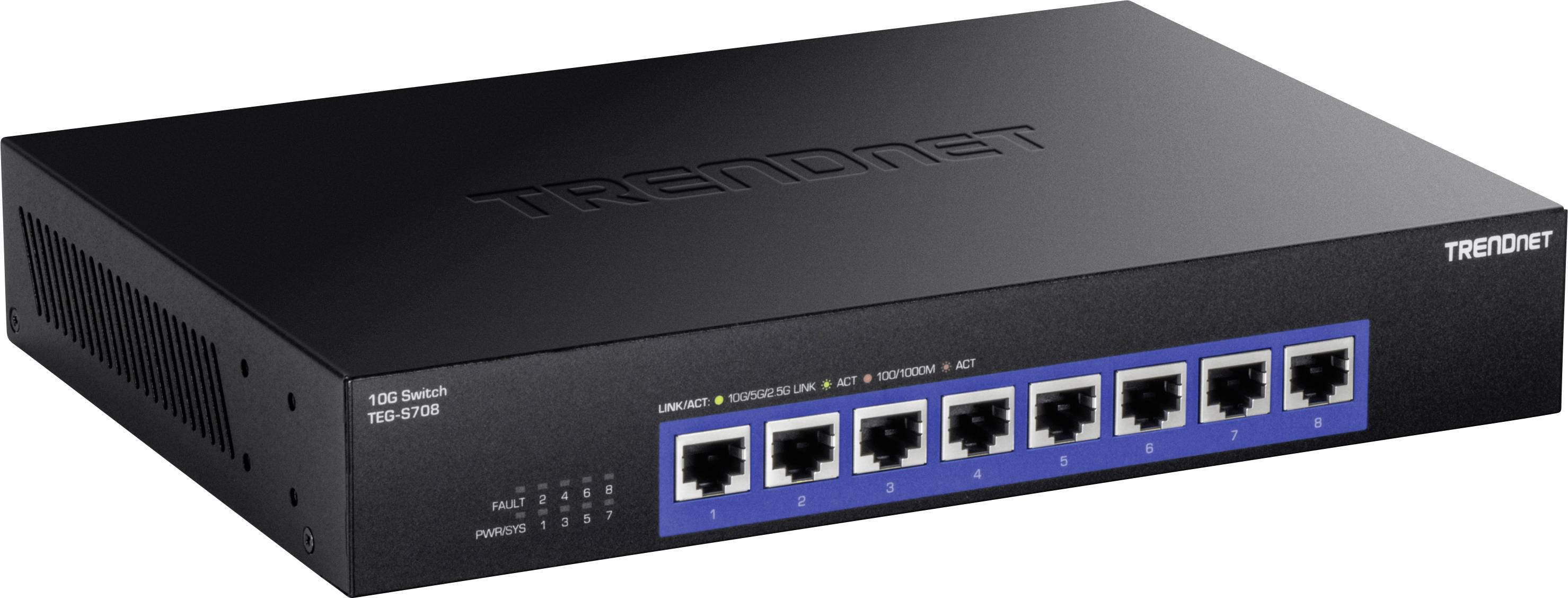 Ein schwarzer Ethernet-Switch mit acht Netzwerkanschlüssen der Marke TRENDnet.