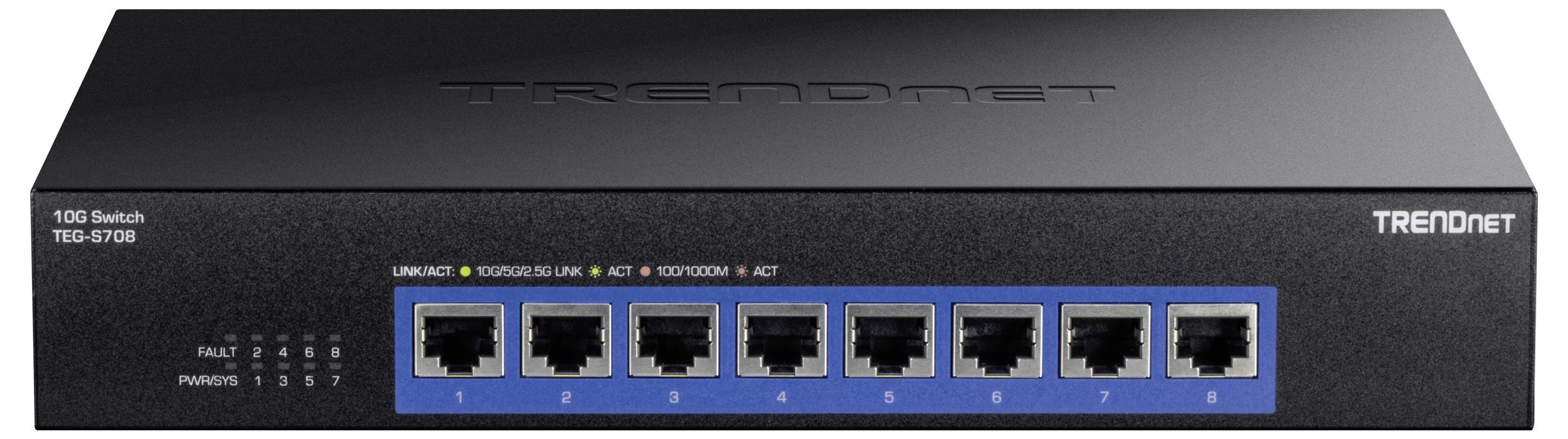 Ein schwarzer Netzwerk-Switch mit acht Ethernet-Ports auf der Vorderseite, Markenname 'TRENDnet' oben rechts.