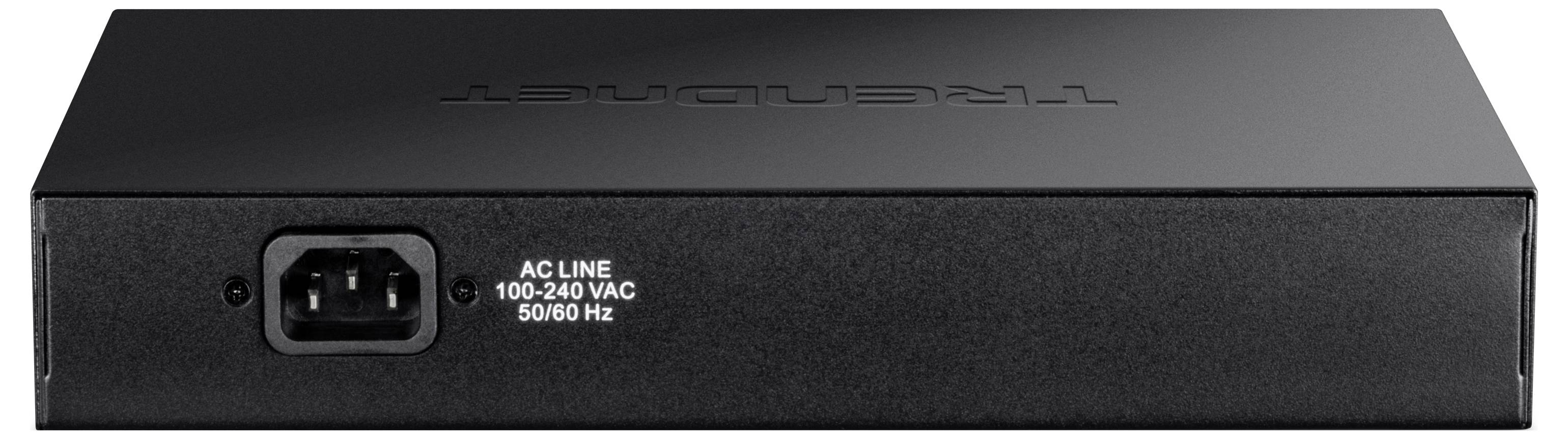 Ein schwarzes elektronisches Gerät mit einem Stromanschluss auf der Rückseite. Text daneben: 'AC LINE 100-240 VAC 50/60 Hz'.