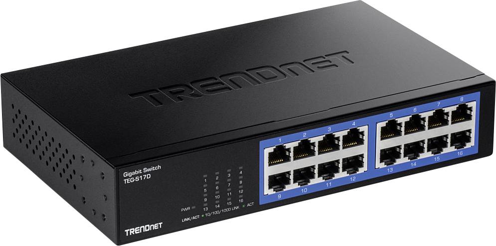 Schwarzer TRENDnet Gigabit-Switch TEG-S170 mit 16 Ethernet-Ports und Statusanzeigen auf der Vorderseite.