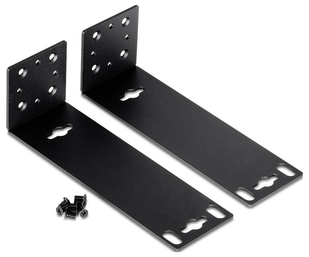 Zwei schwarze Metallhalterungen mit Befestigungslöchern, daneben liegen schwarze Schrauben. Sie dienen zur Montage von Geräten oder Regalen.