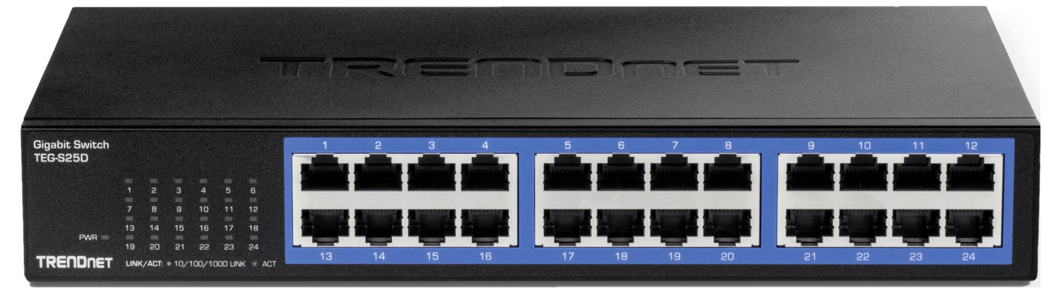 Ein schwarzer Gigabit-Switch mit 16 Ethernet-Ports auf der Vorderseite und einer Beschriftung 'TRENDnet' oben.